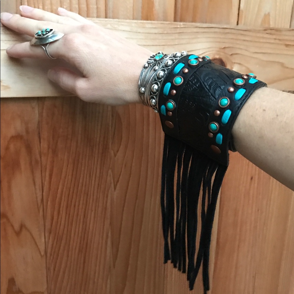 Black Tooled Leather Snap Fringe Cuff Bracelet